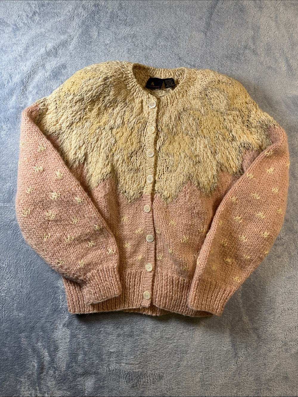 Lizsport Vintage 80s Cream Pink Knit Cardigan Sweater Womens Medium Textured
